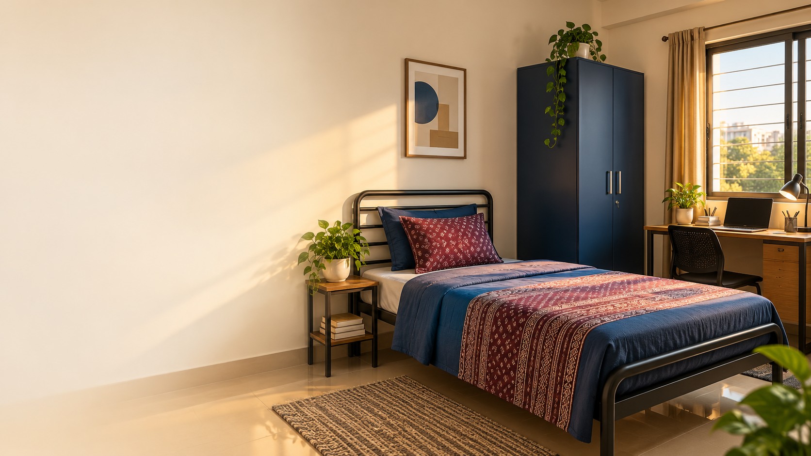 Illustration of a simply furnished room with a bed, wardrobe and study desk; illustrative, not an actual room photograph.